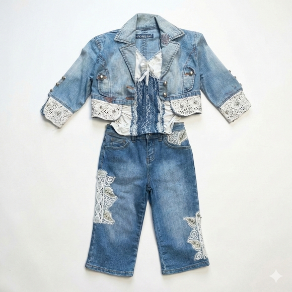 Miss F&2 Vintage Lace Trim Cream Blue Top and Shorts - Picture 2 of 10